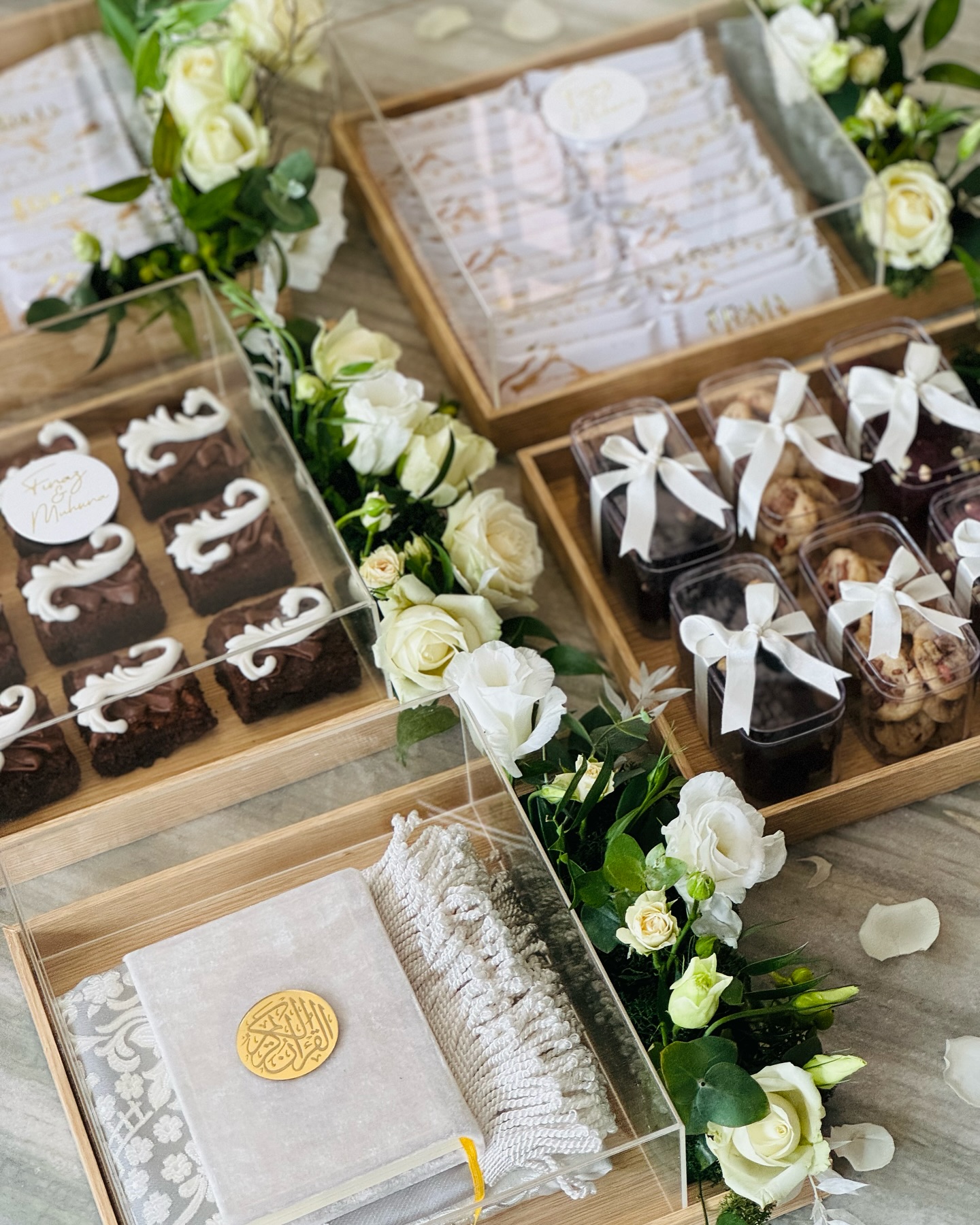 Premium gifting hamper with brownies cookies florals and keepsake items